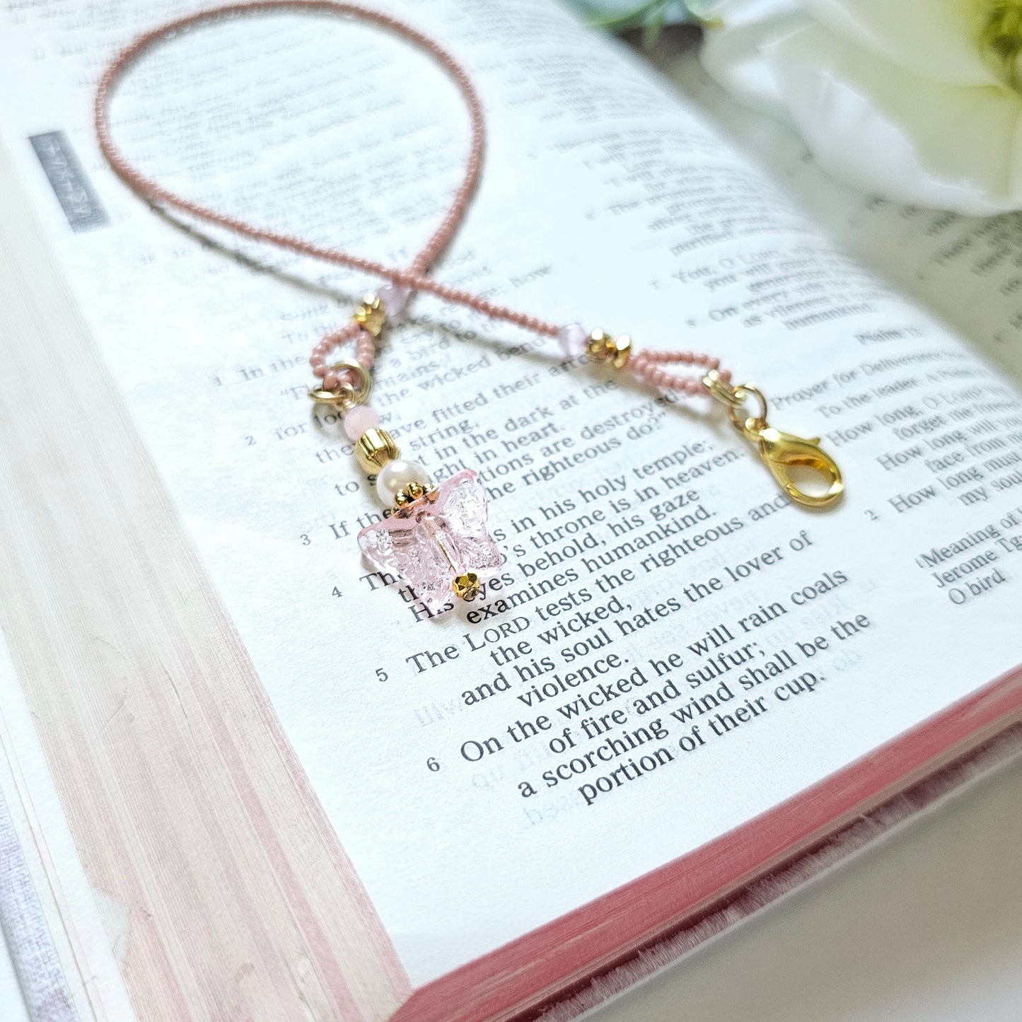 Pink and Gold Beaded Bible Bookmark