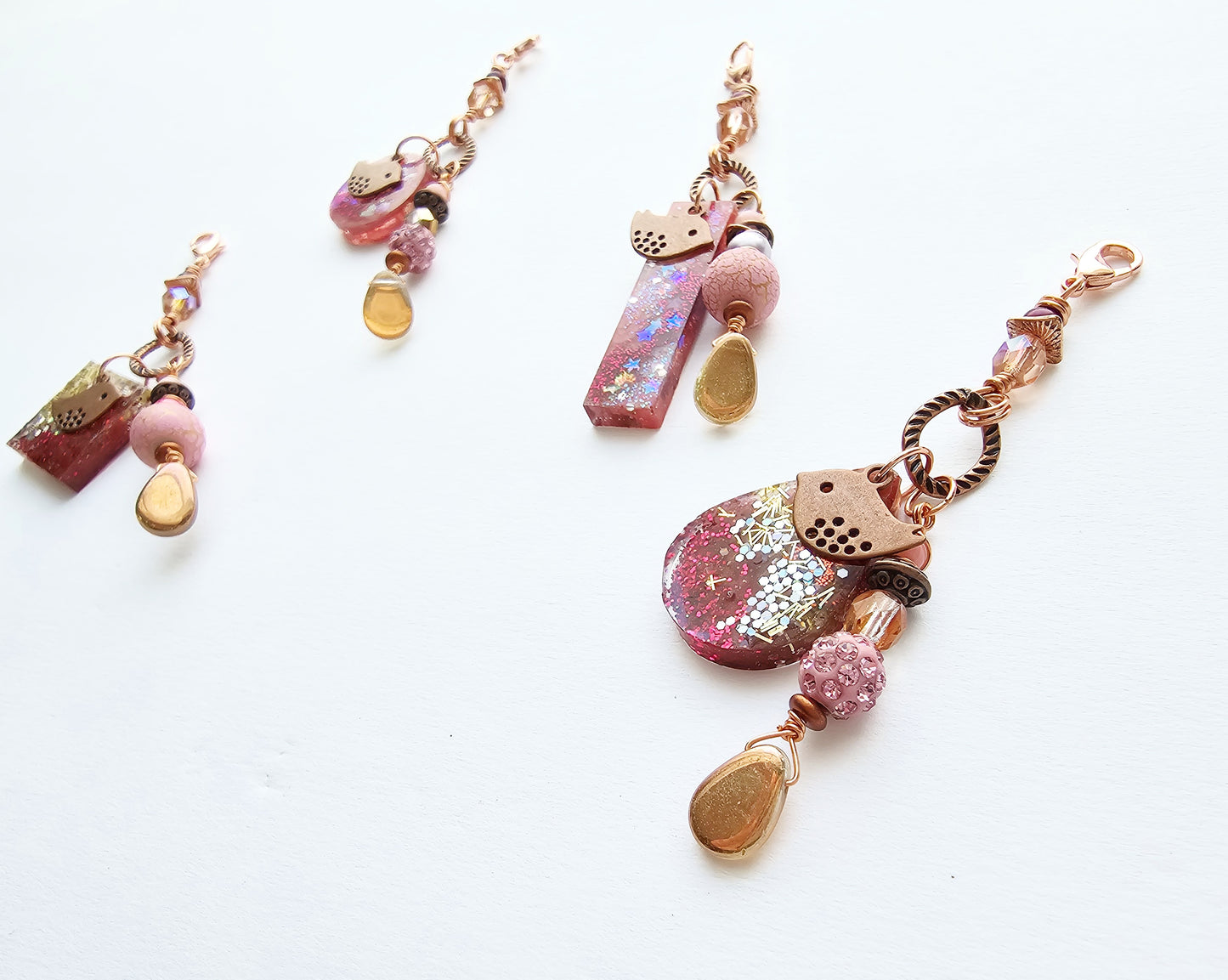 Copper Bird and Pink Resin Clip-On Charm for womens purse or bookmark