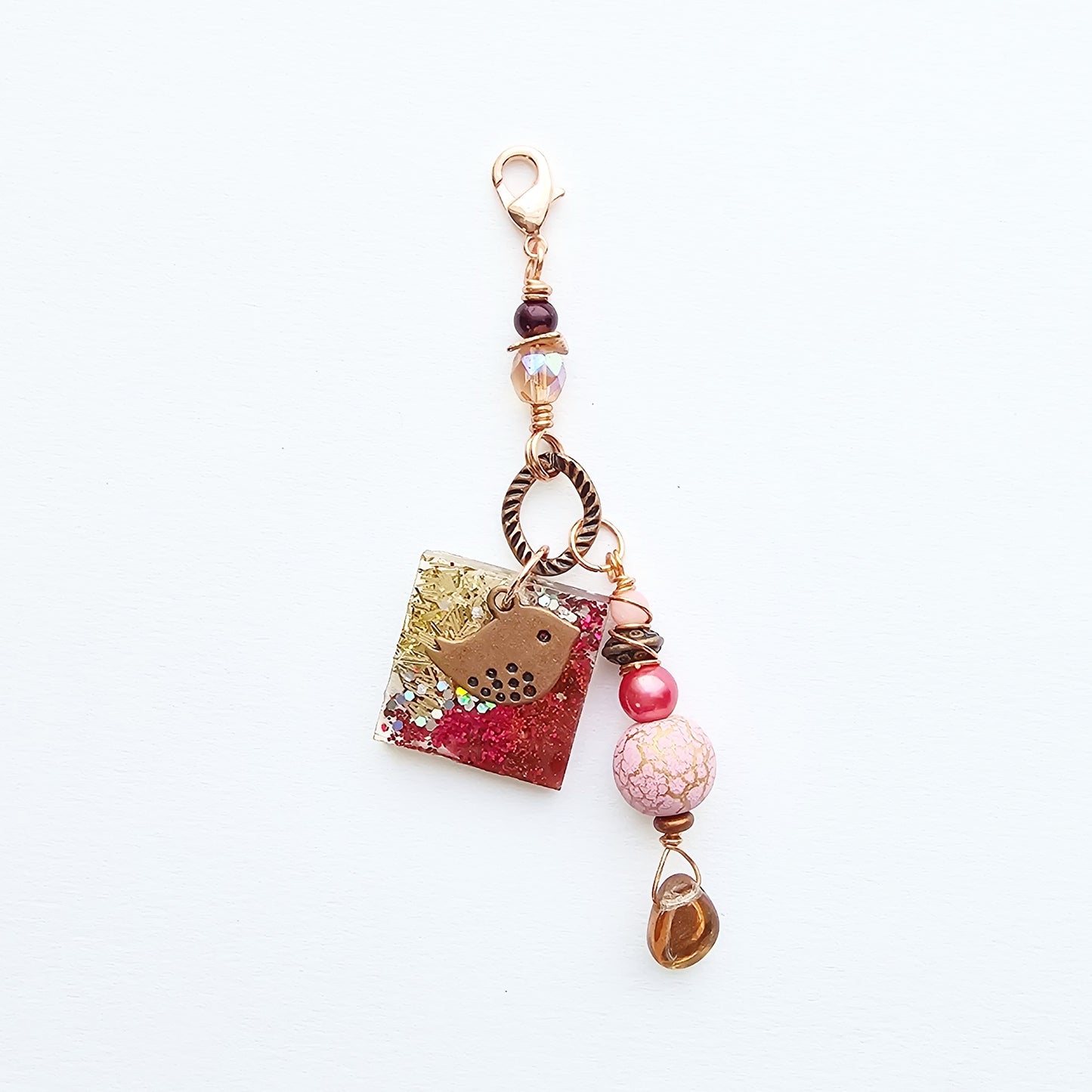 Copper Bird and Pink Resin Clip-On Charm for womens purse or bookmark