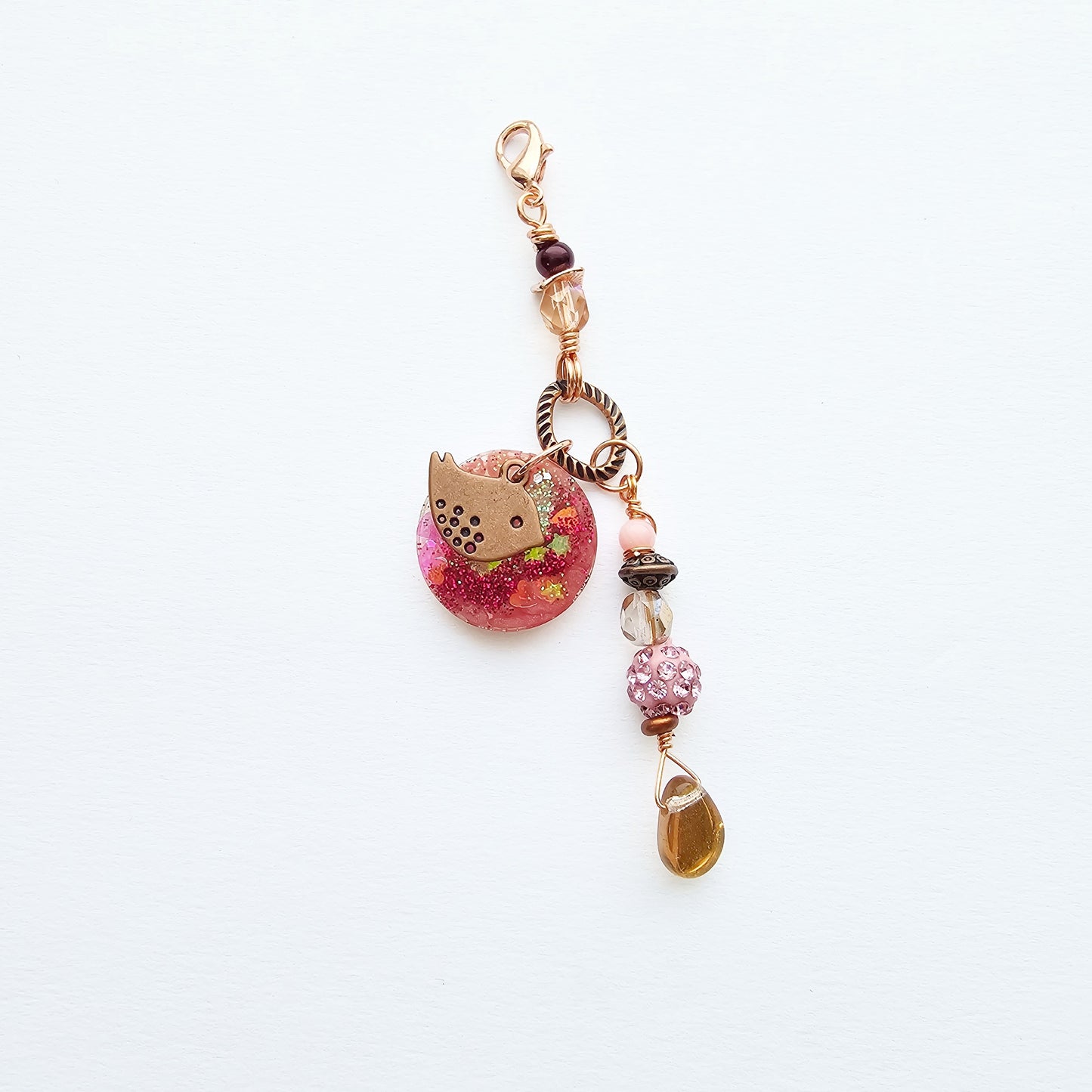 Copper Bird and Pink Resin Clip-On Charm for womens purse or bookmark
