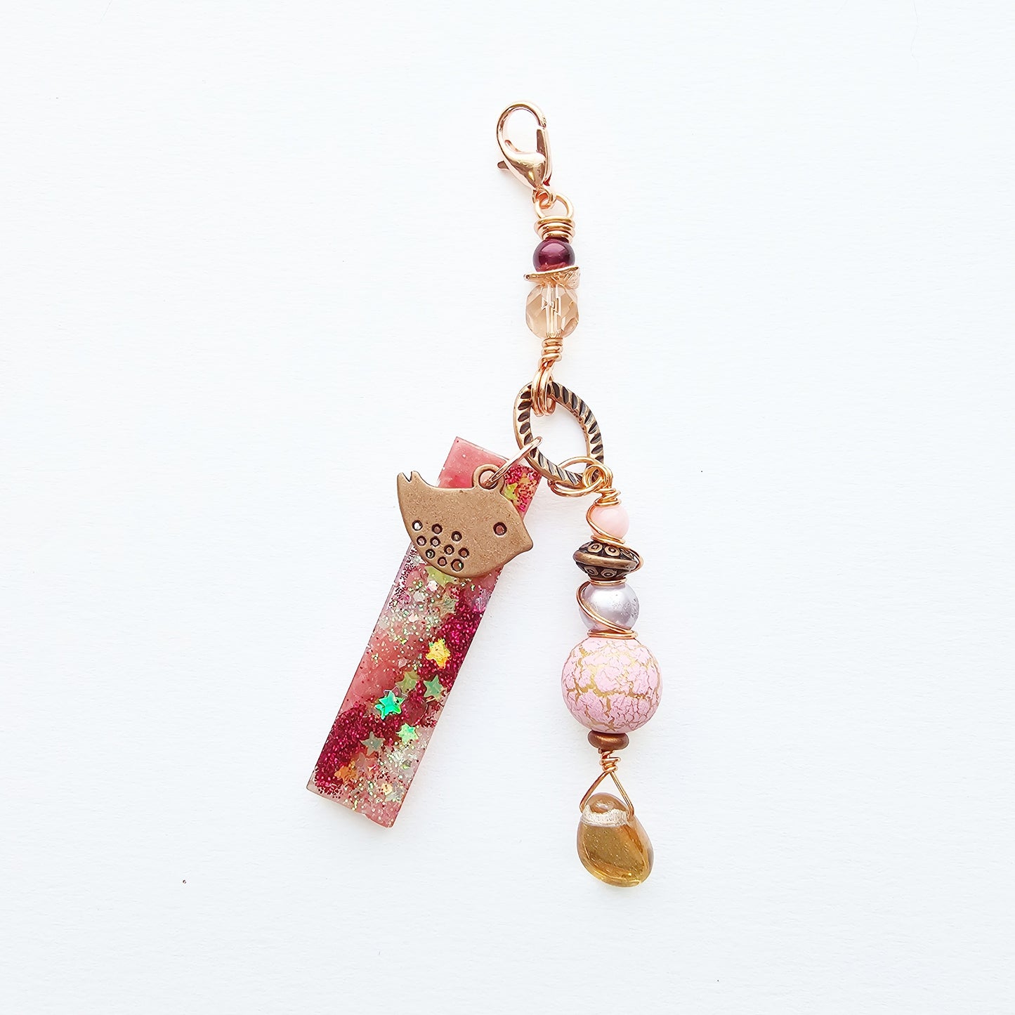 Copper Bird and Pink Resin Clip-On Charm for womens purse or bookmark