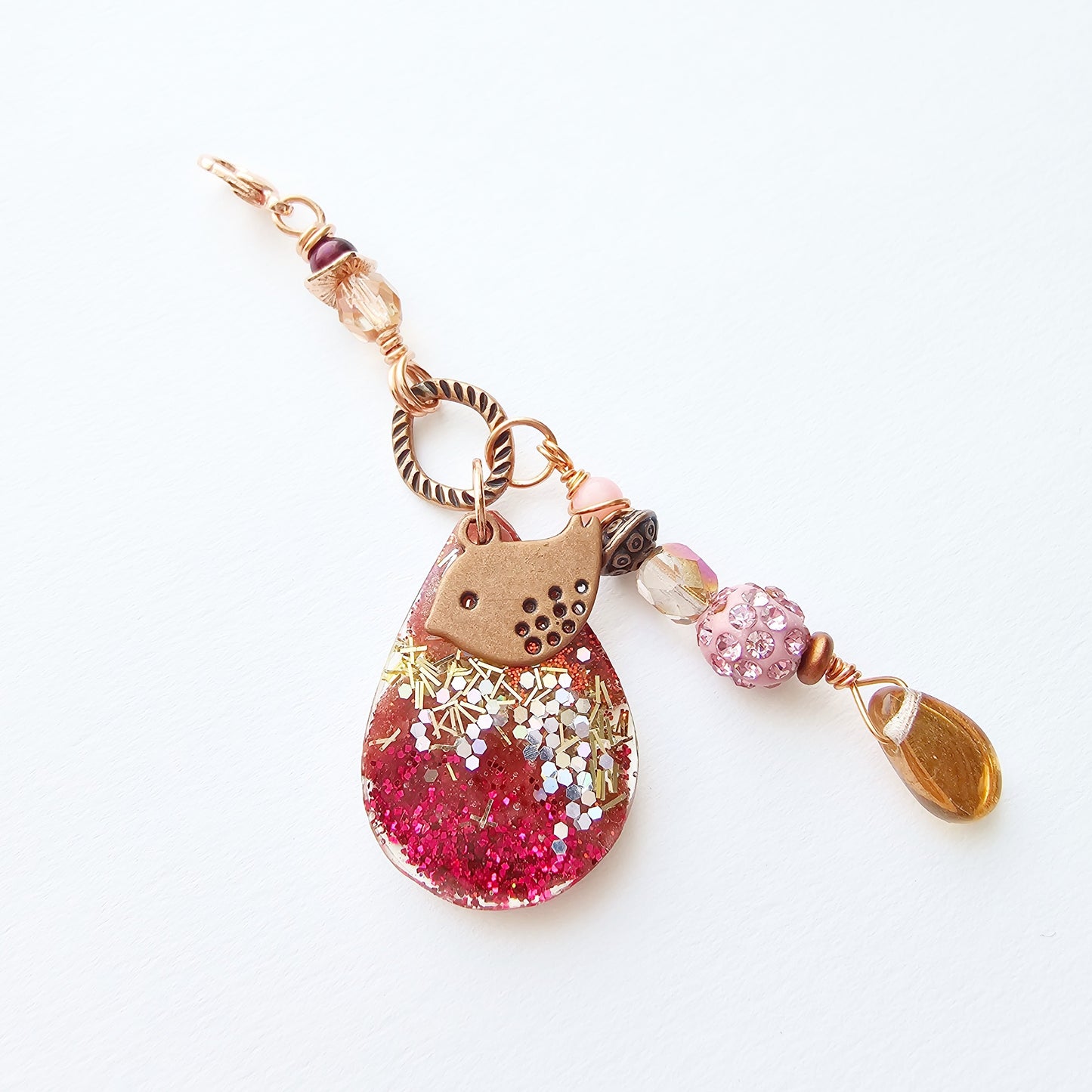 Copper Bird and Pink Resin Clip-On Charm for womens purse or bookmark