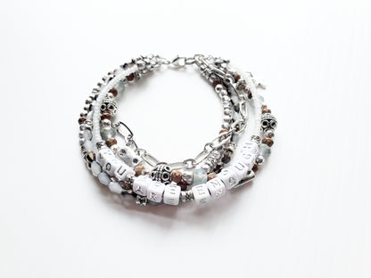 Silver and Gray 5-Strand Word Bracelet for women