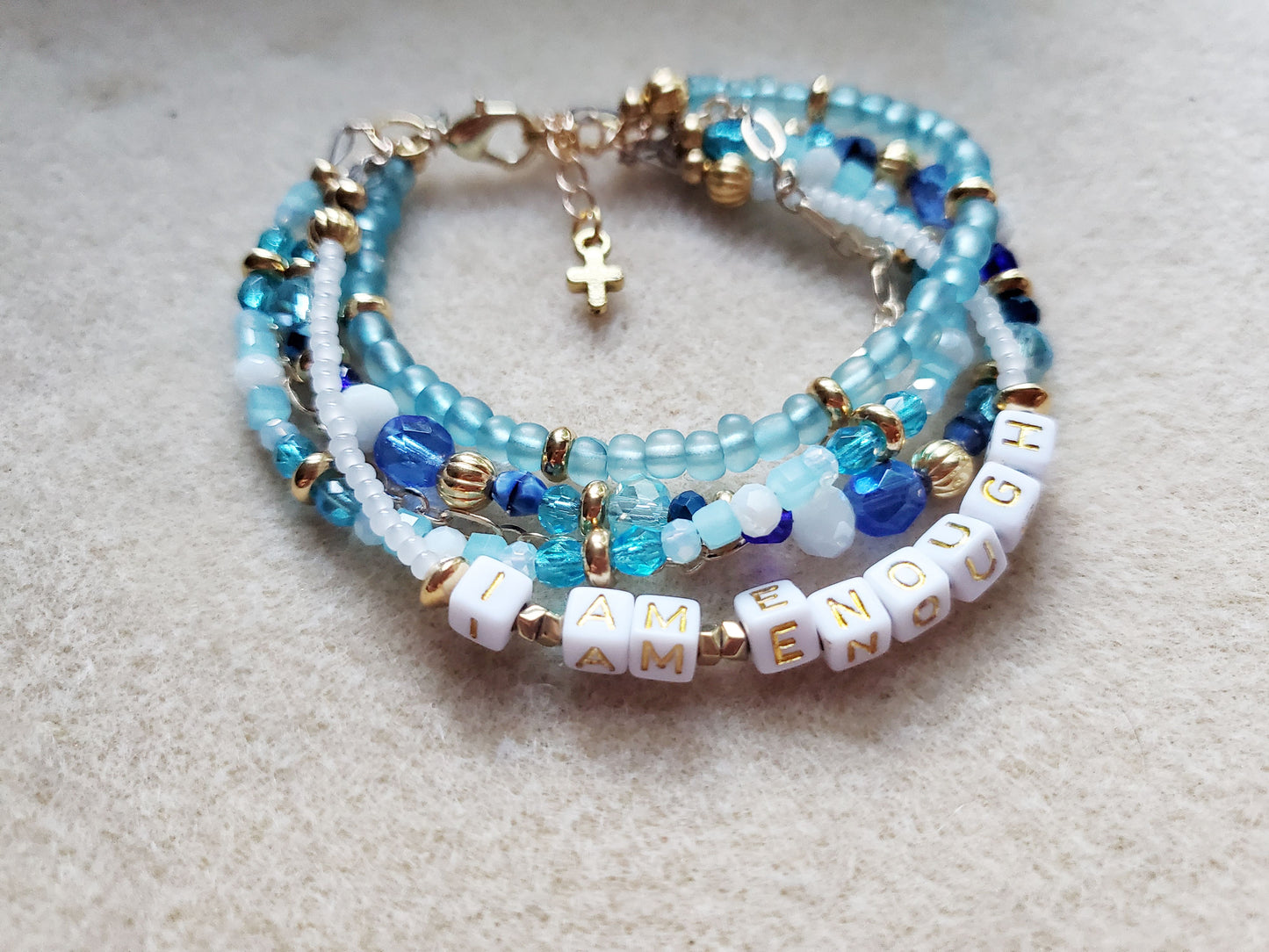 Aqua and Gold 5-Strand Feminine Identity in Christ Bracelet for Women