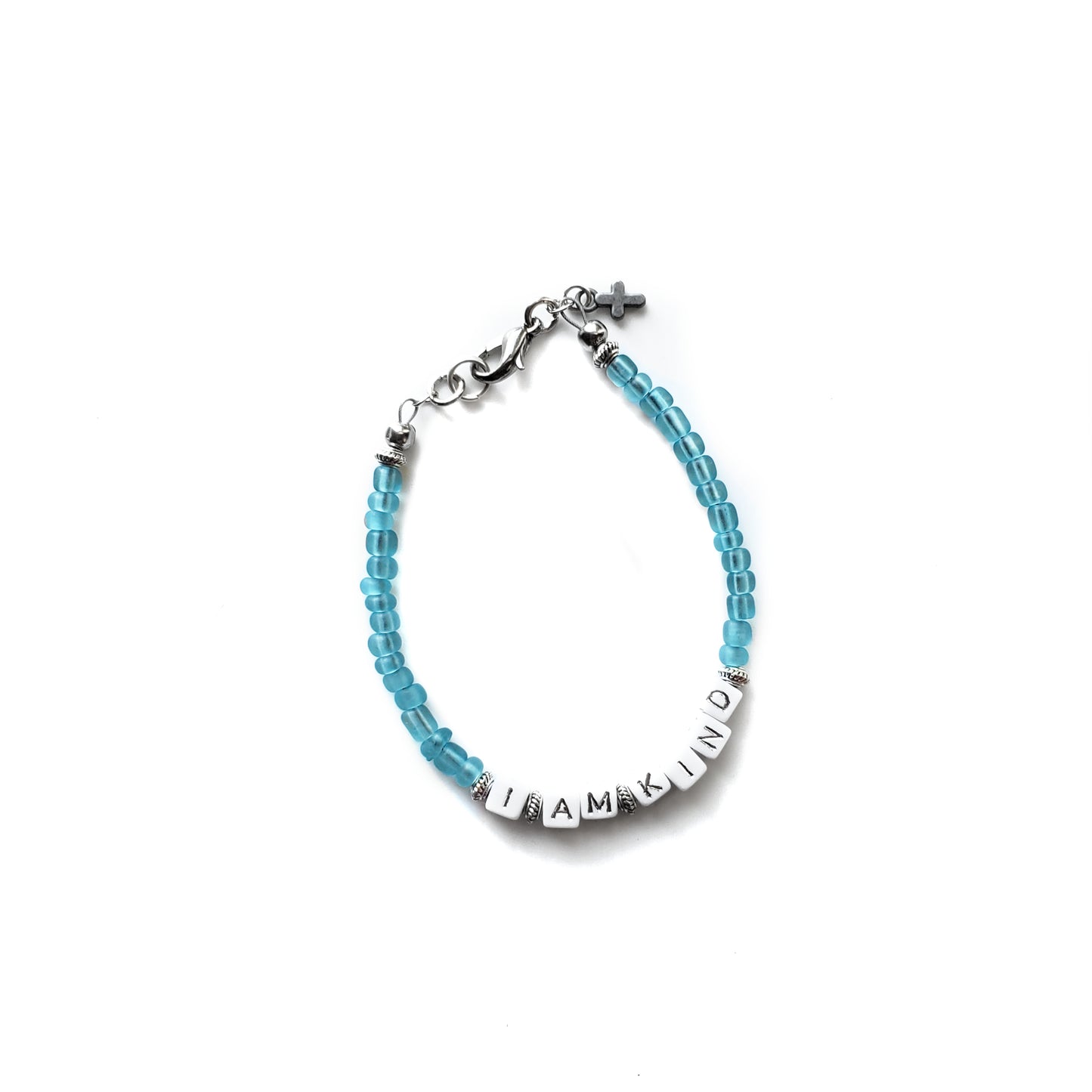 Aqua and silver single strand stackable Word bracelet