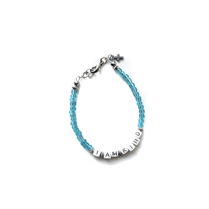 Aqua and silver single strand stackable Word bracelet