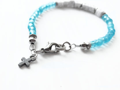 Aqua and silver single strand stackable Word bracelet