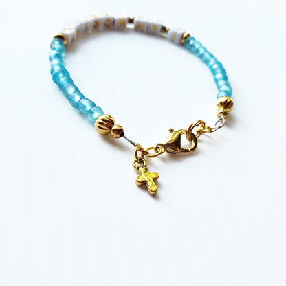 Aqua and gold single strand stackable Word bracelet