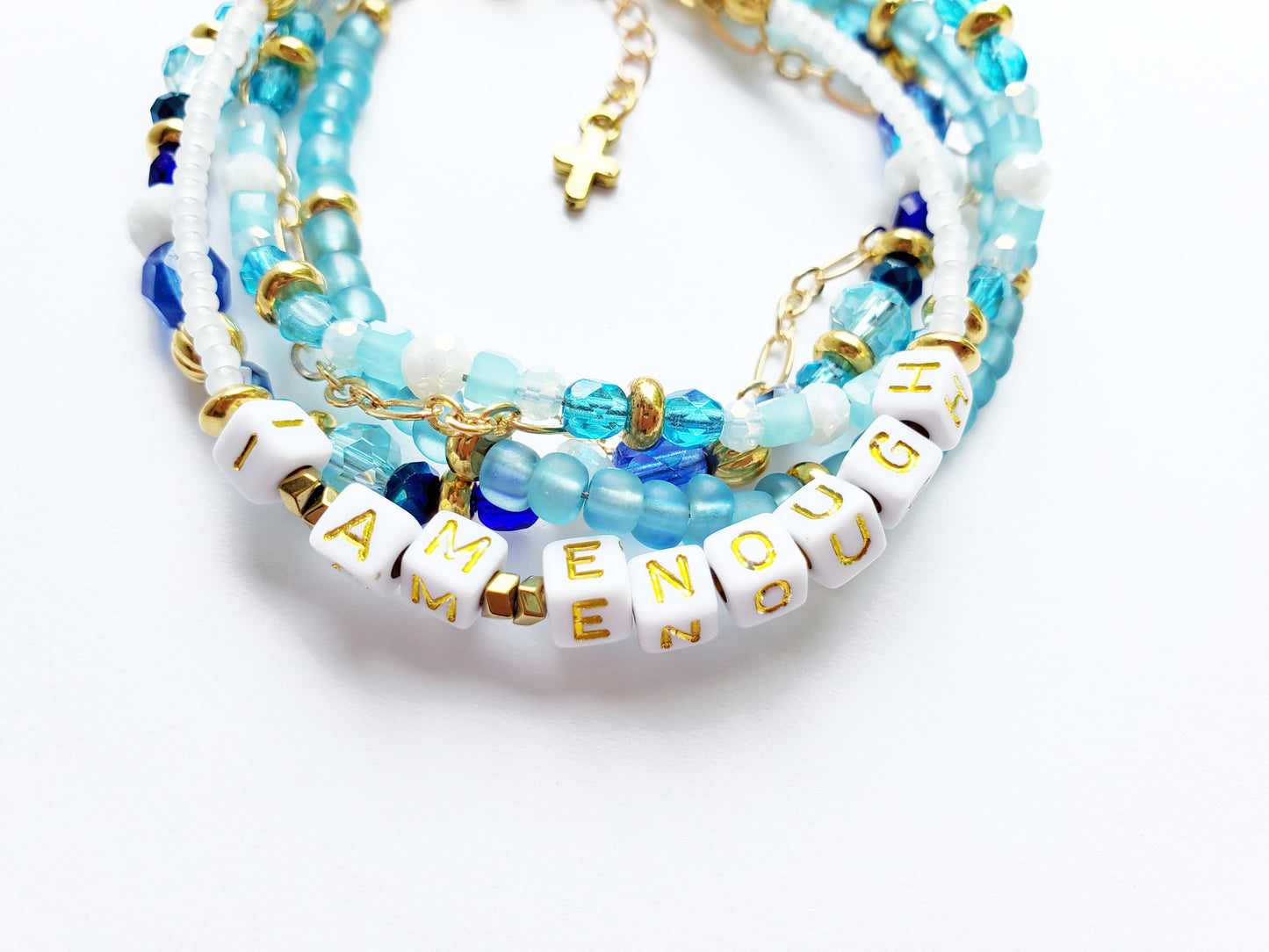 Aqua and Gold 5-Strand Feminine Identity in Christ Bracelet for Women