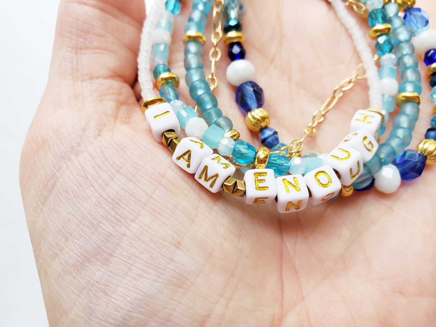 Aqua and Gold 5-Strand Feminine Identity in Christ Bracelet for Women