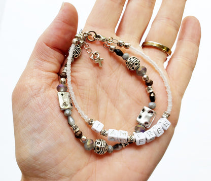 Silver and Gray 2-Strand Word Bracelet for women
