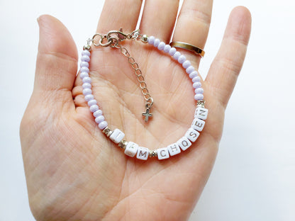 Lilac and Silver Single Strand Identity Word Stackable Bracelet for women
