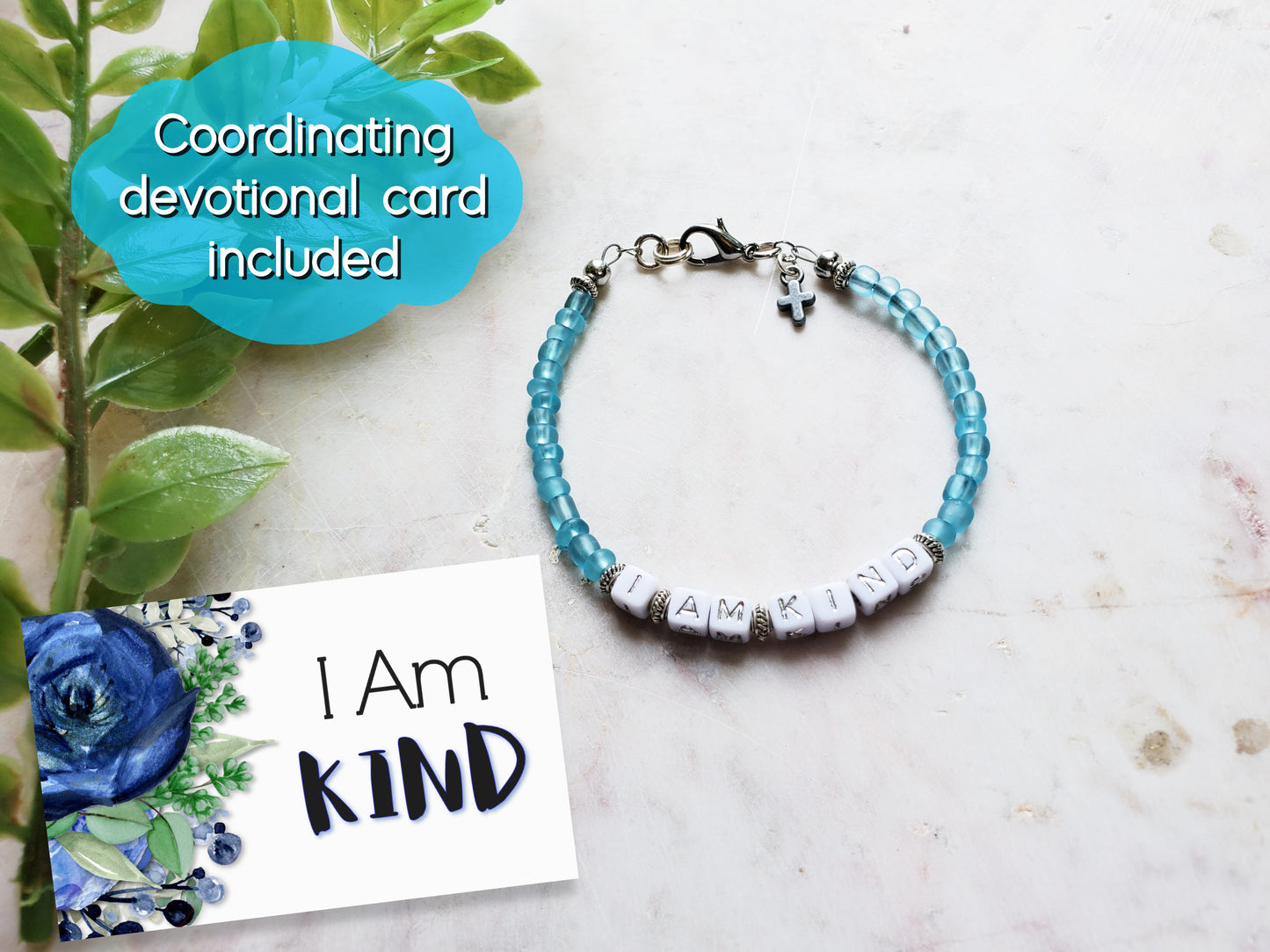 Aqua and silver single strand stackable Word bracelet