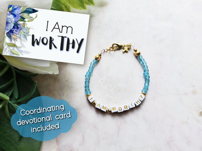 Aqua and gold single strand stackable Word bracelet