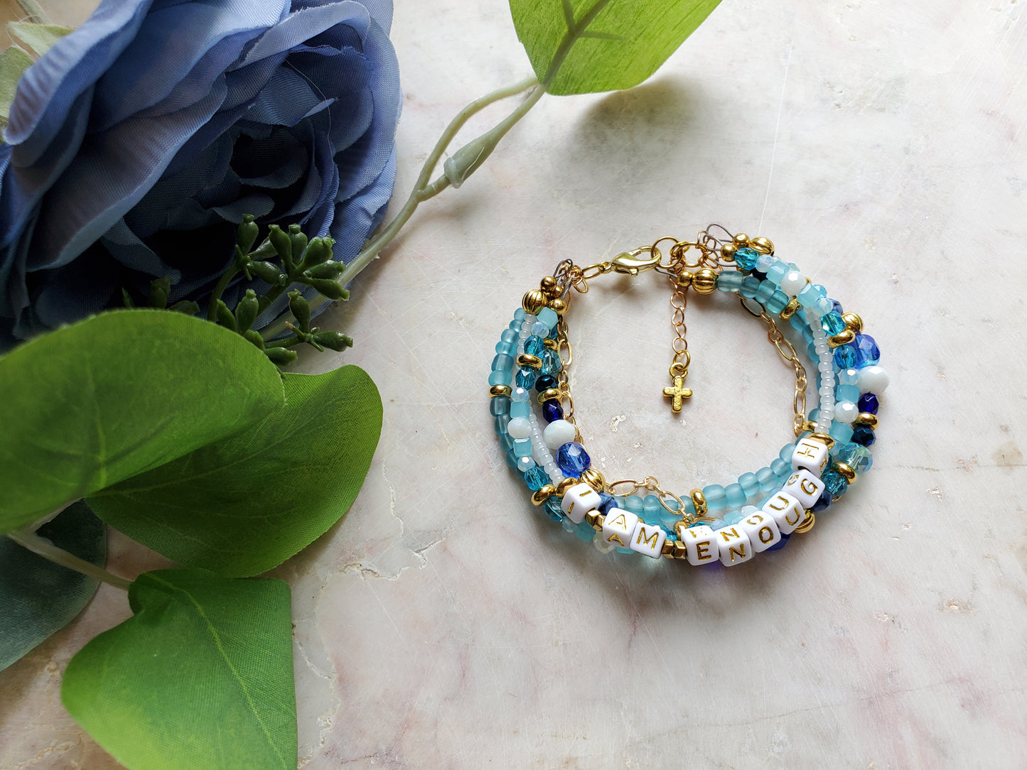 Aqua and Gold 5-Strand Feminine Identity in Christ Bracelet for Women