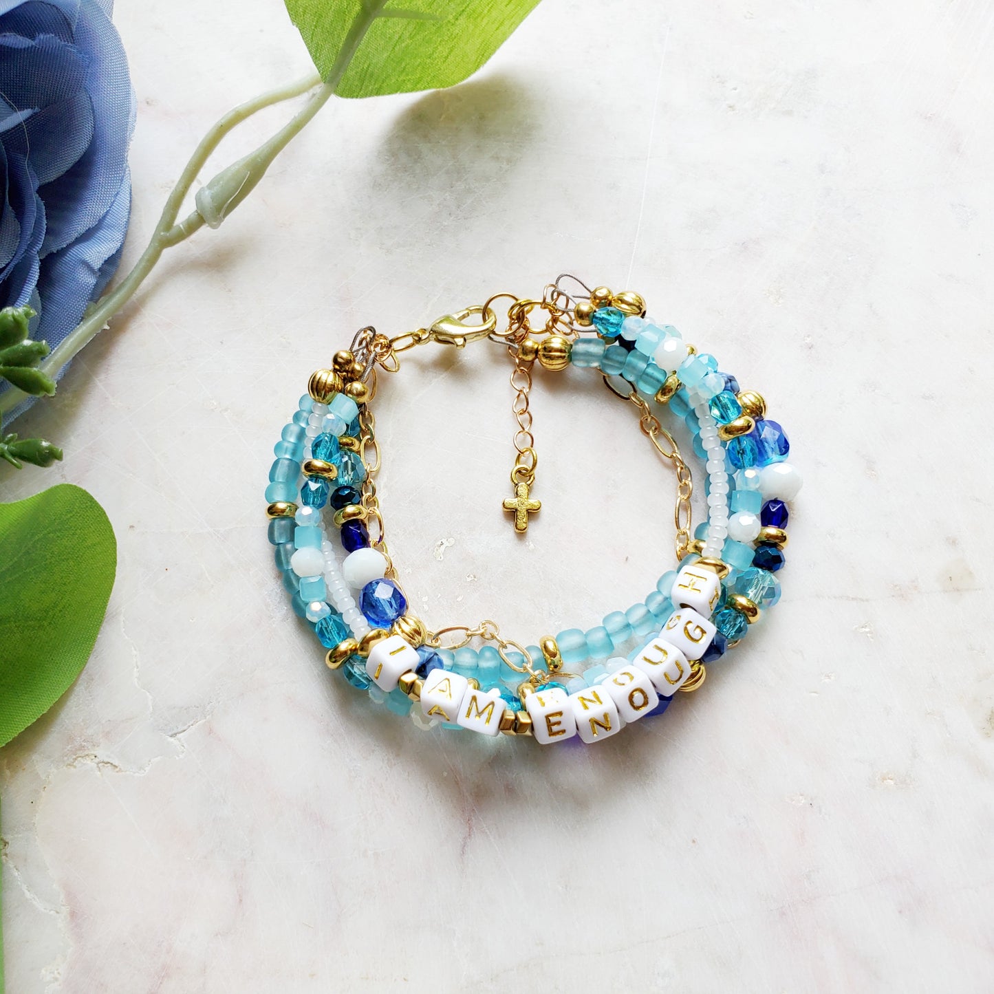 Aqua and Gold 5-Strand Feminine Identity in Christ Bracelet for Women
