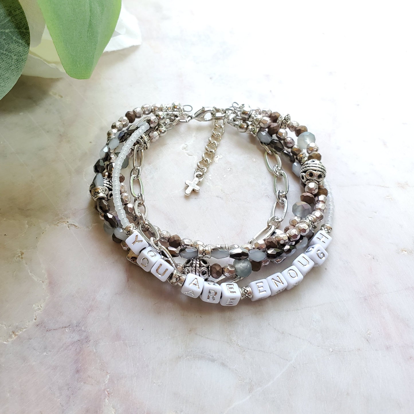 Silver and Gray 5-Strand Word Bracelet for women