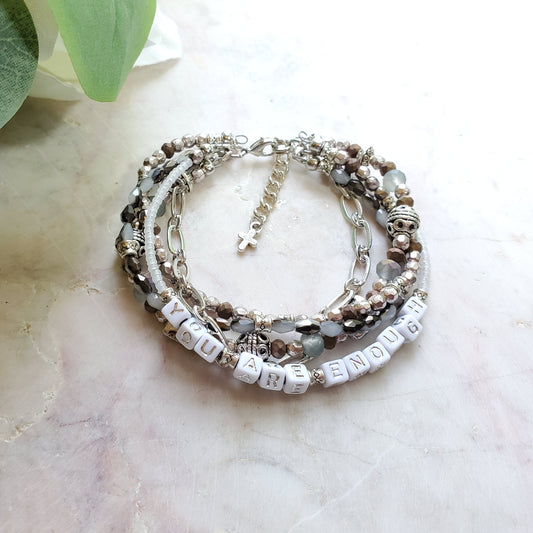 Silver and Gray 5-Strand Word Bracelet for women