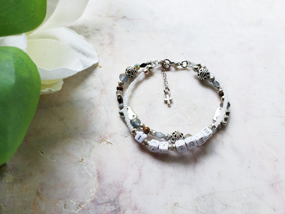 Silver and Gray 2-Strand Word Bracelet for women
