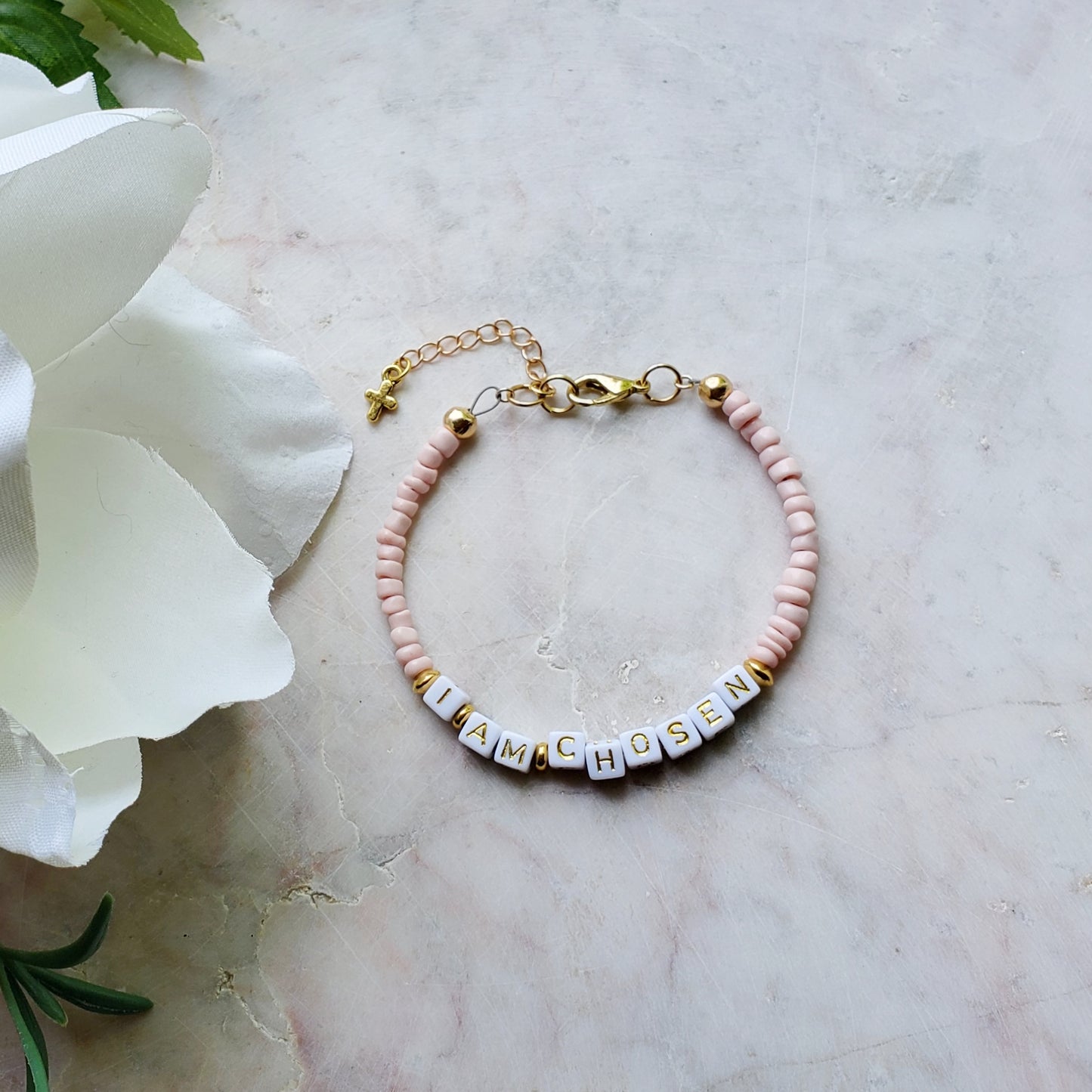 Pink and Gold Single Strand Word bracelet