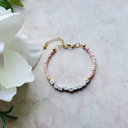 Pink and Gold Single Strand Word bracelet