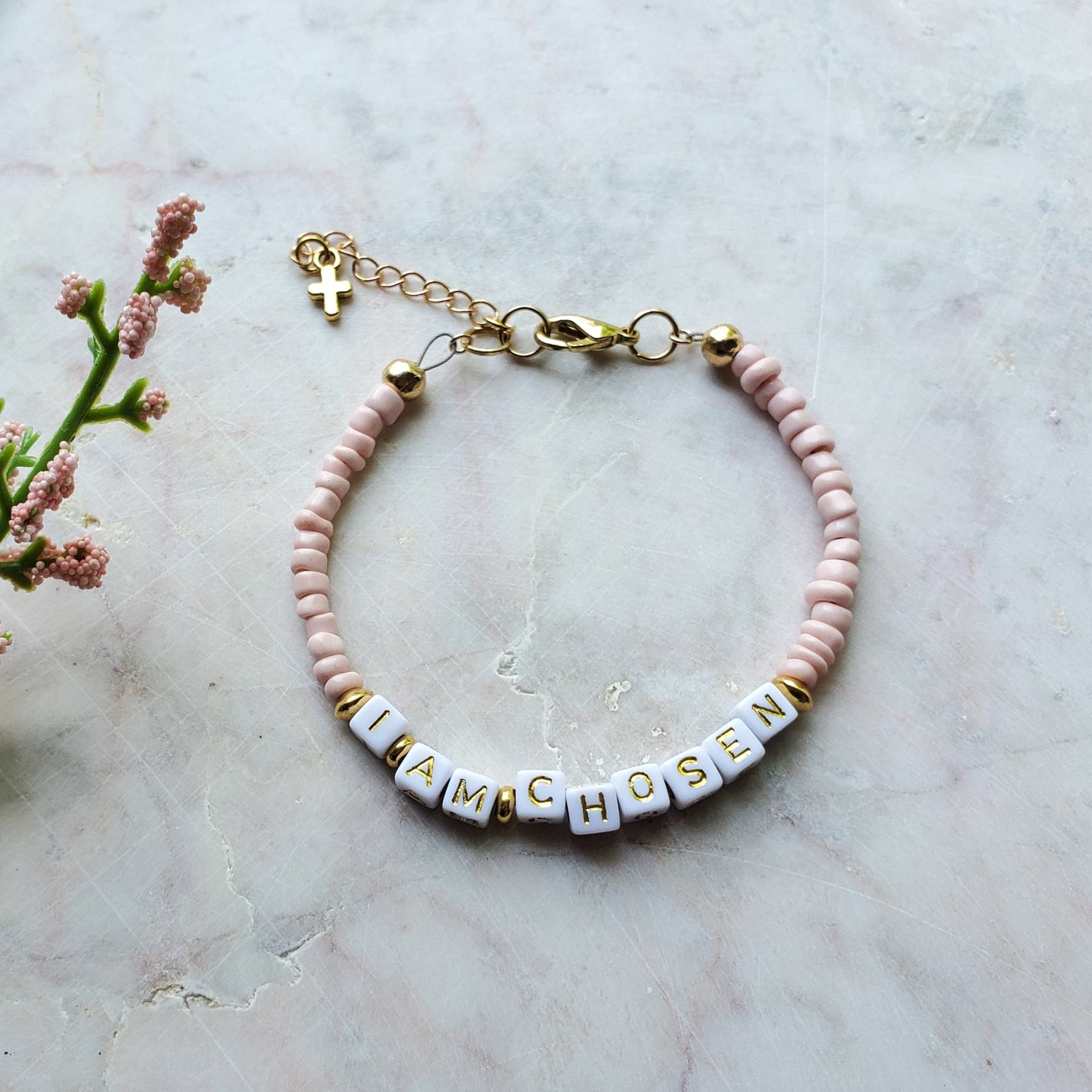 Pink and Gold Single Strand Word bracelet
