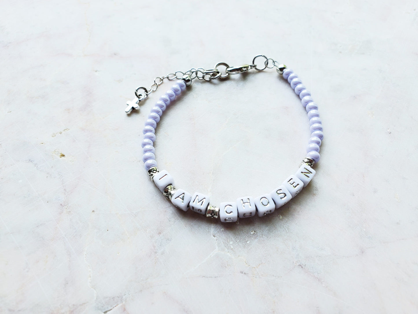 Lilac and Silver Single Strand Identity Word Stackable Bracelet for women
