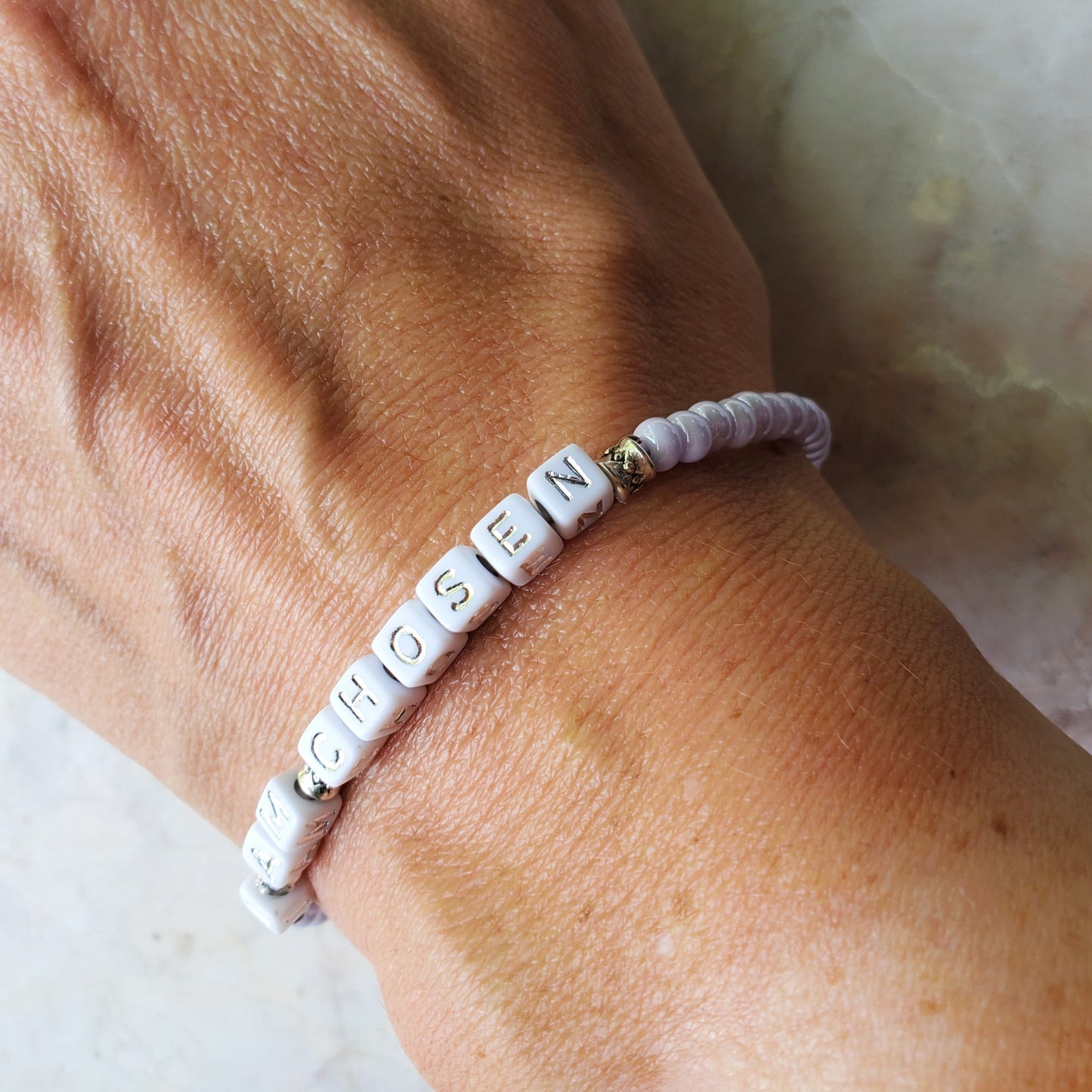 Lilac and Silver Single Strand Identity Word Stackable Bracelet for women