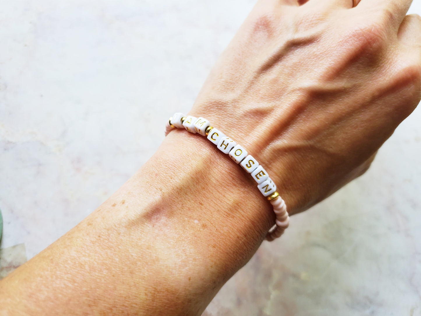 Pink and Gold Single Strand Word bracelet