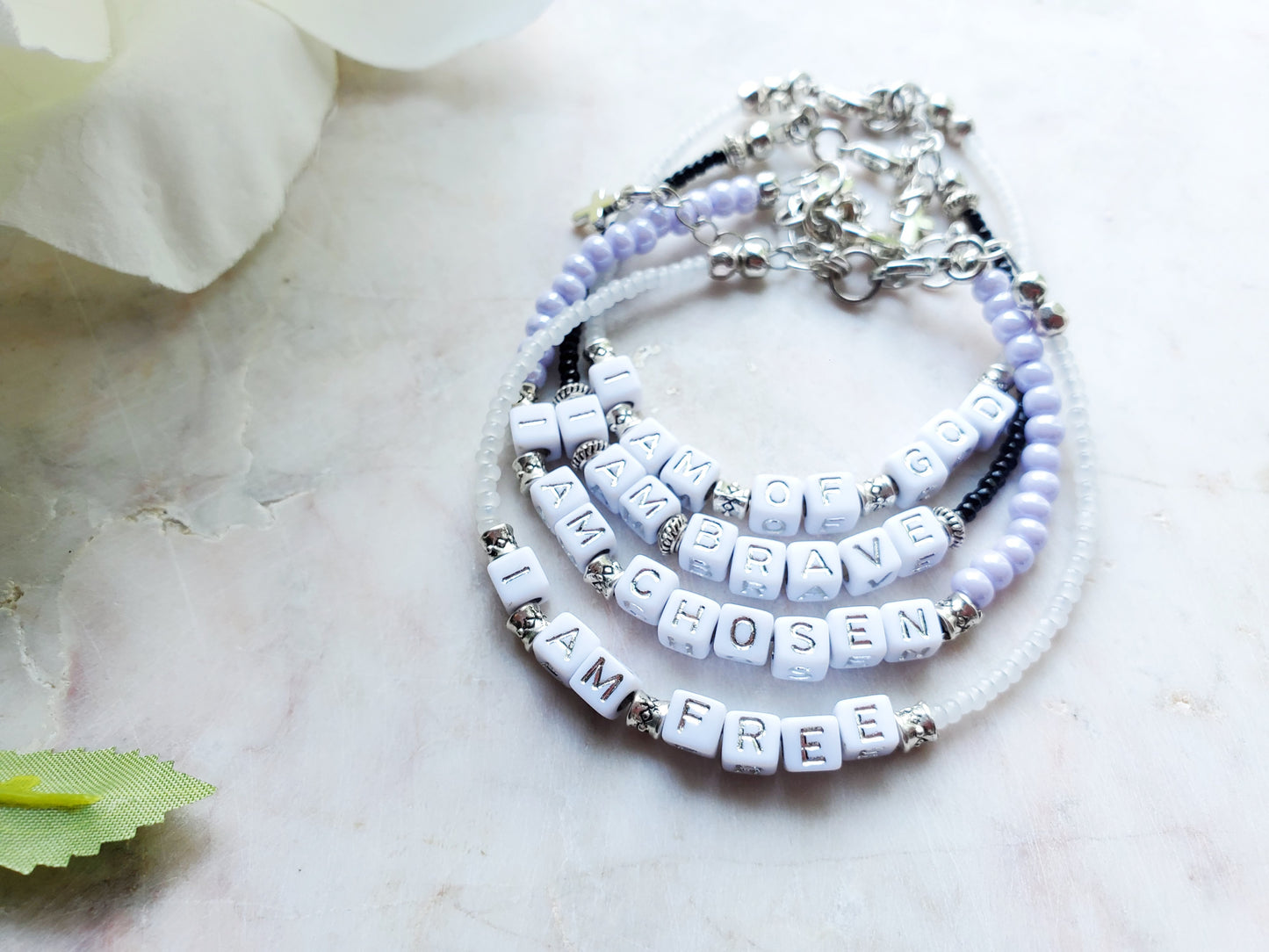 Lilac and Silver Single Strand Identity Word Stackable Bracelet for women