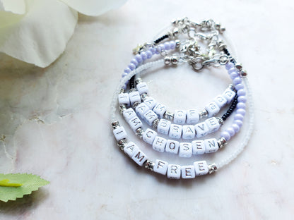 Lilac and Silver Single Strand Identity Word Stackable Bracelet for women