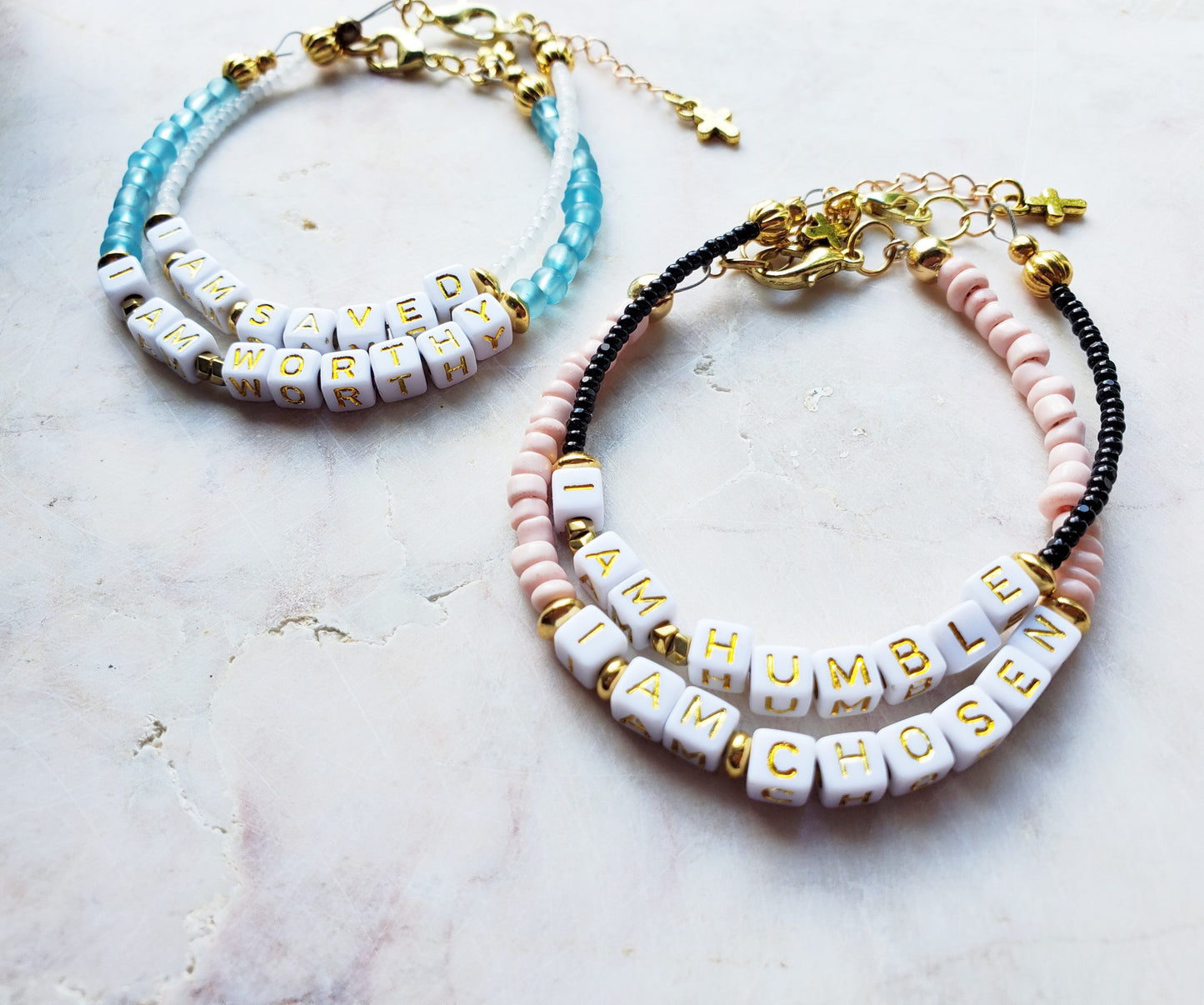 Pink and Gold Single Strand Word bracelet