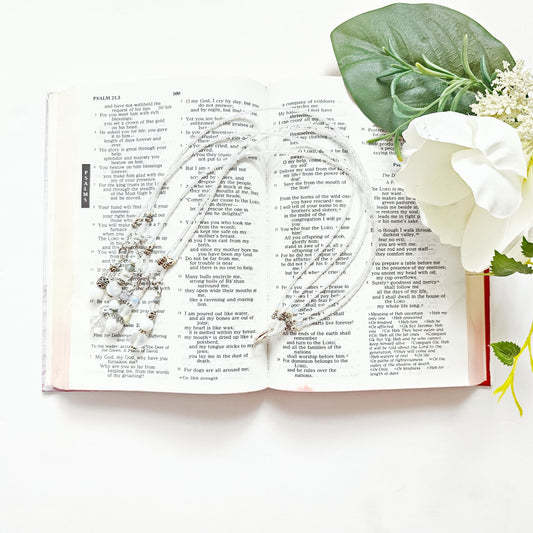 Soft White and Silver Beaded Bible Bookmark