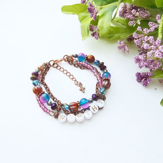I Am Worthy 3-Strand Bracelet - stackable arm jewelry for women
