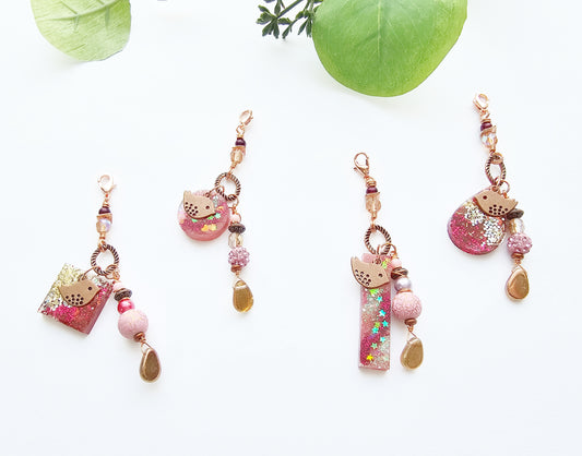 Copper Bird and Pink Resin Clip-On Charm for womens purse or bookmark