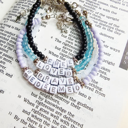 Lilac and Silver Single Strand Identity Word Stackable Bracelet for women