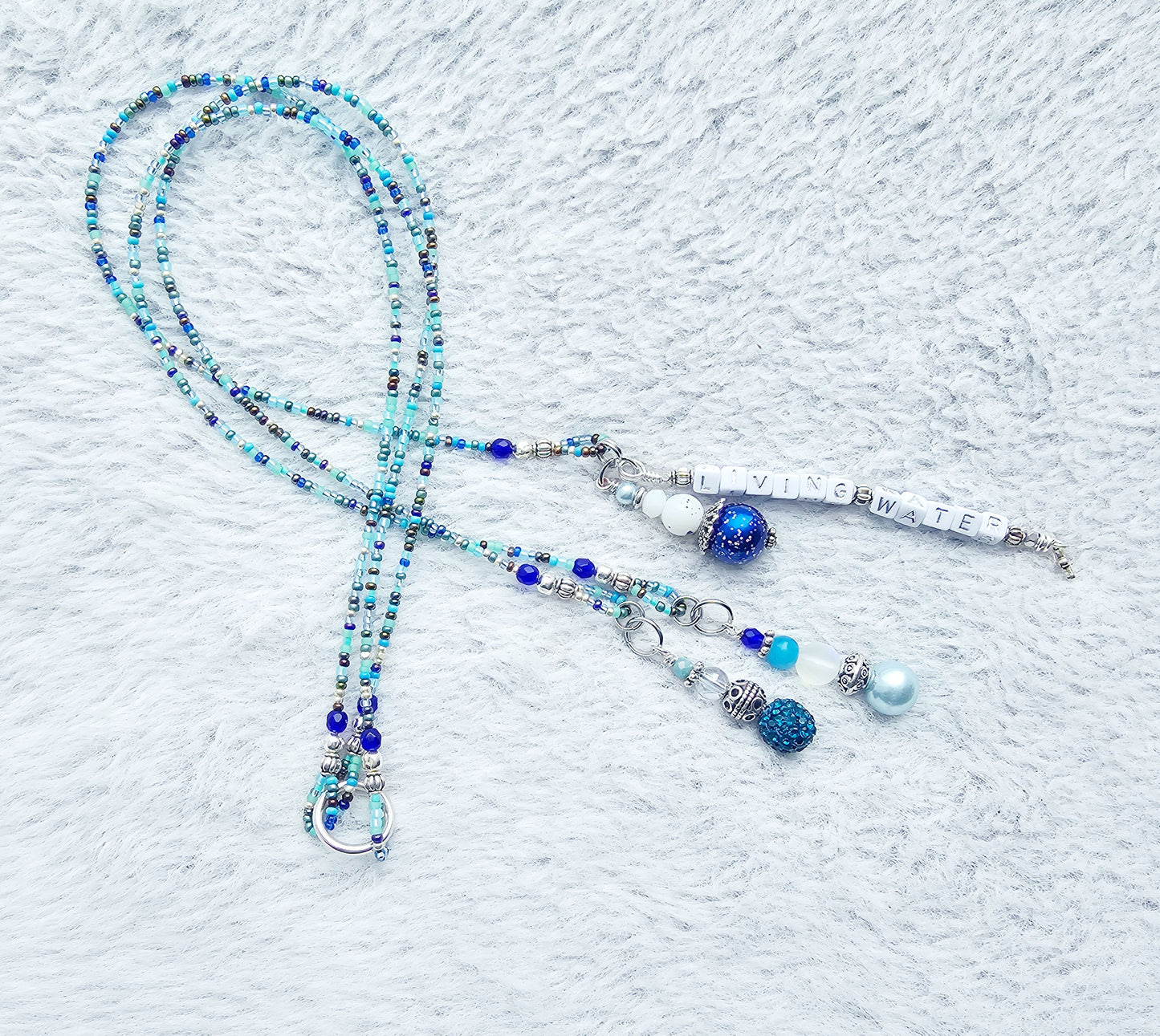 Beaded Bible 3 strand Bookmark - The Living Water - Blue and silver bible accessories