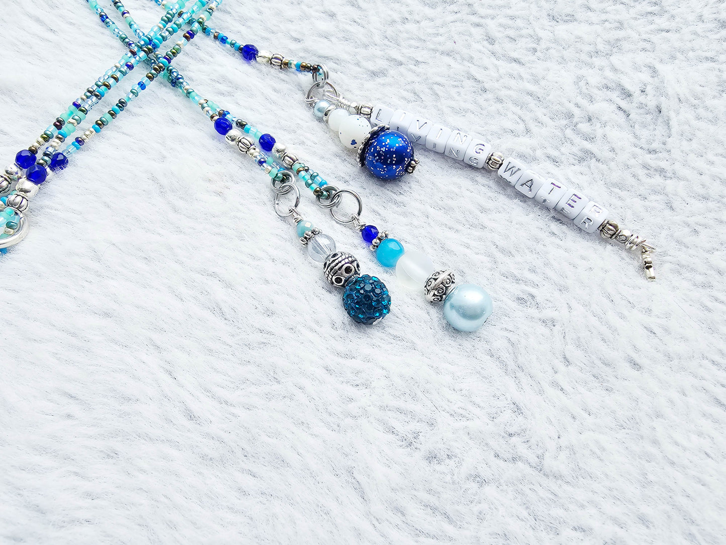 Beaded Bible 3 strand Bookmark - The Living Water - Blue and silver bible accessories