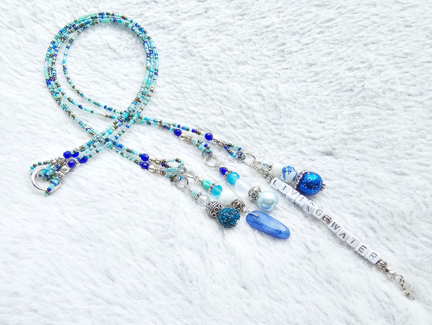 Beaded Bible 4 strand Bookmark - The Living Water - Blue and silver bible accessories