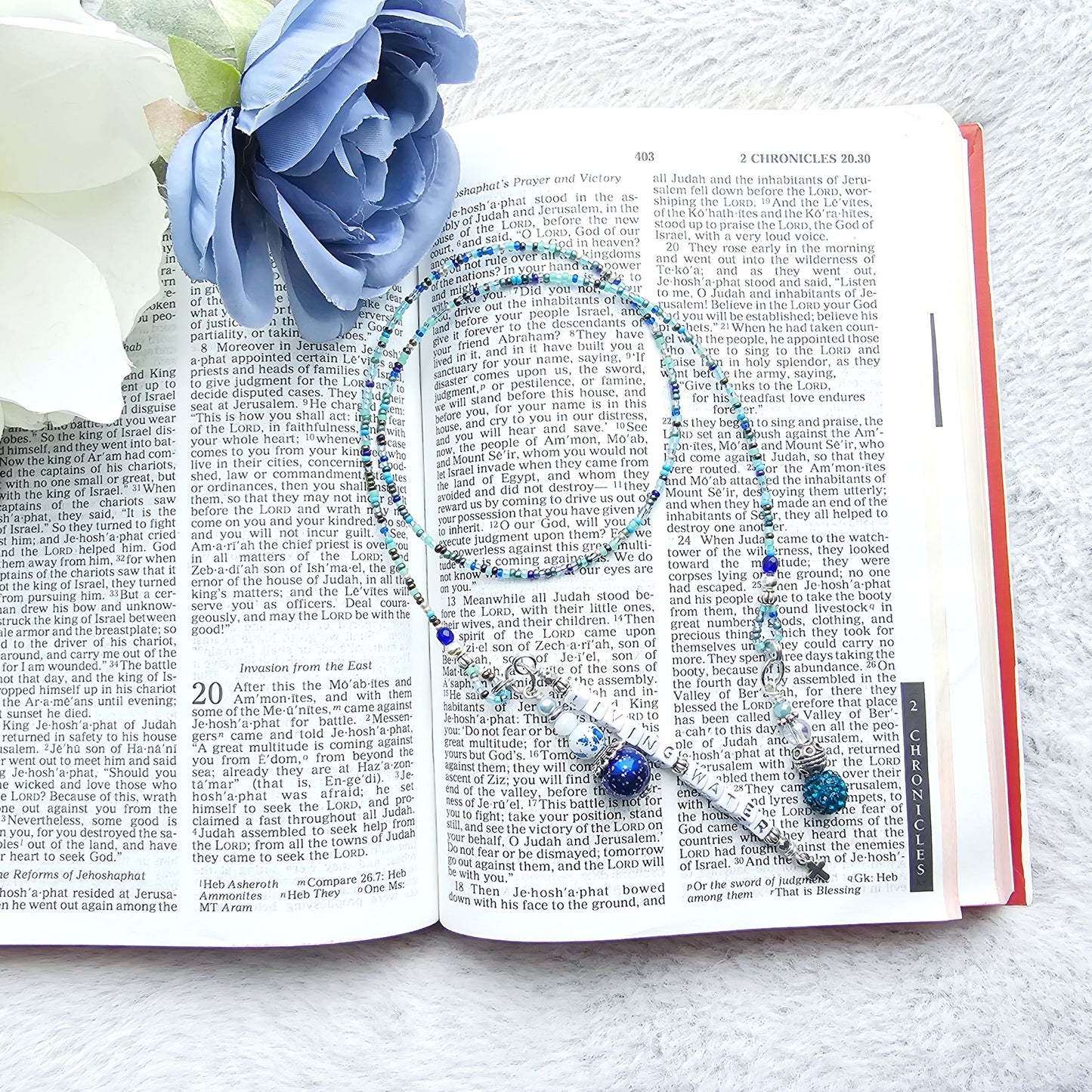 Beaded Bible Single strand Bookmark - The Living Water - Blue and silver bible accessories