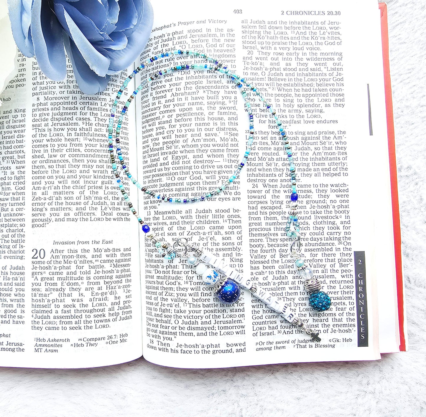 Beaded Bible Single strand Bookmark - The Living Water - Blue and silver bible accessories