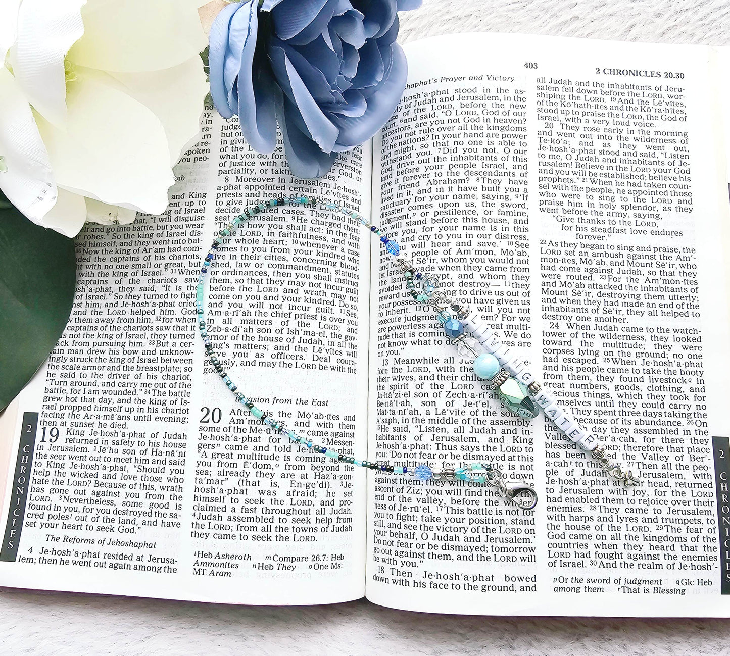 Beaded Bible half-strand Bookmark Clip-on charm - The Living Water - Blue and silver bible accessories
