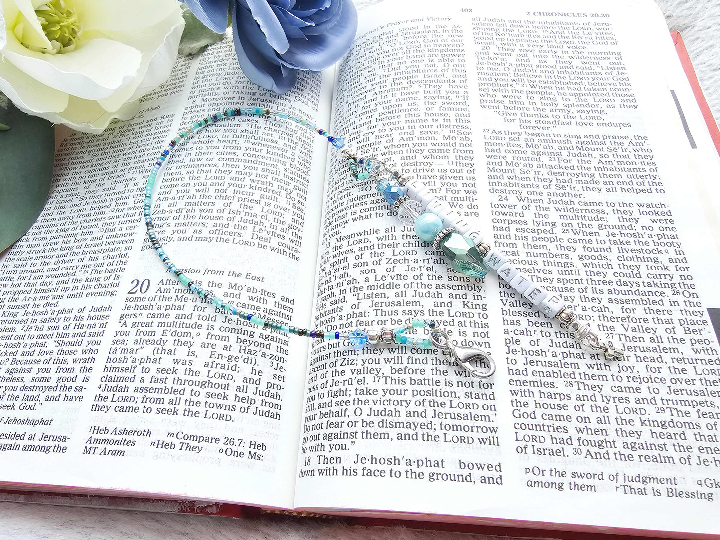 Beaded Bible half-strand Bookmark Clip-on charm - The Living Water - Blue and silver bible accessories