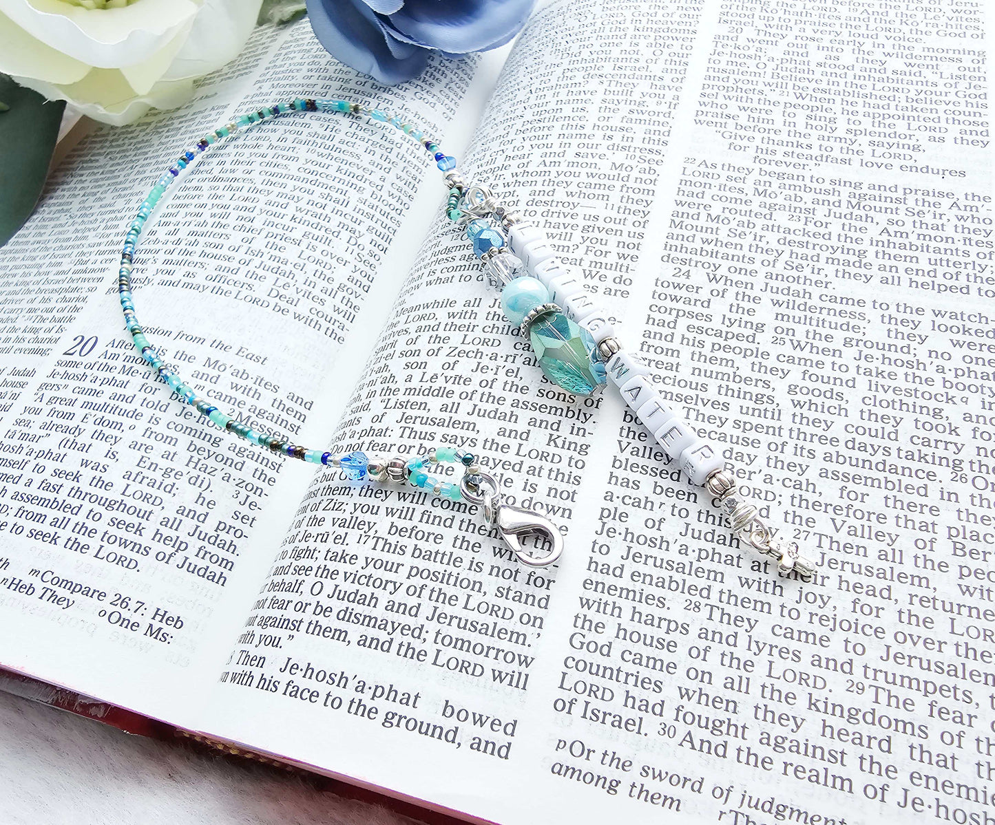 Beaded Bible half-strand Bookmark Clip-on charm - The Living Water - Blue and silver bible accessories