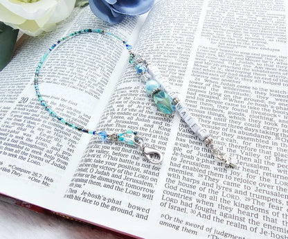 Beaded Bible half-strand Bookmark Clip-on charm - The Living Water - Blue and silver bible accessories