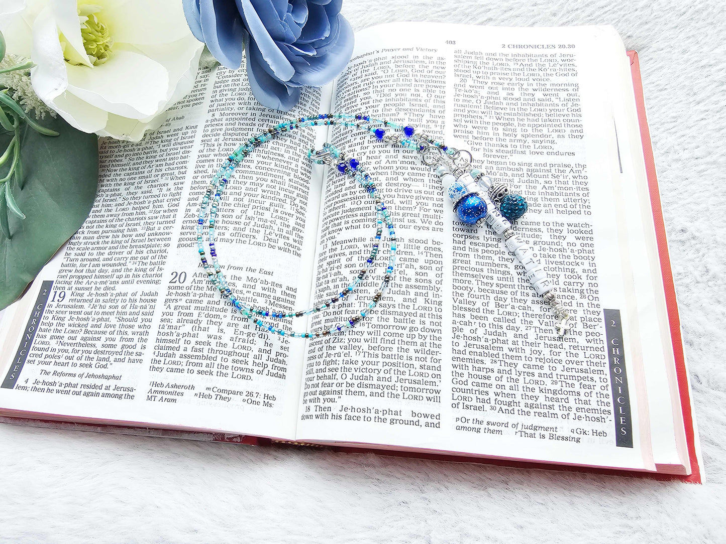 Beaded Bible 2 strand Bookmark - The Living Water - Blue and silver bible accessories
