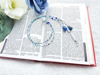 Beaded Bible 2 strand Bookmark - The Living Water - Blue and silver bible accessories