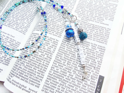 Beaded Bible 2 strand Bookmark - The Living Water - Blue and silver bible accessories