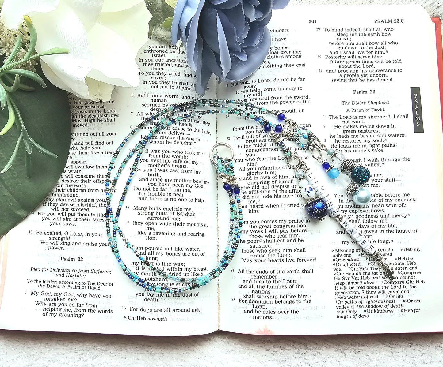 Beaded Bible 3 strand Bookmark - The Living Water - Blue and silver bible accessories
