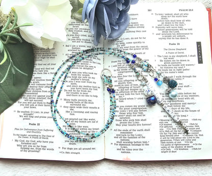 Beaded Bible 3 strand Bookmark - The Living Water - Blue and silver bible accessories